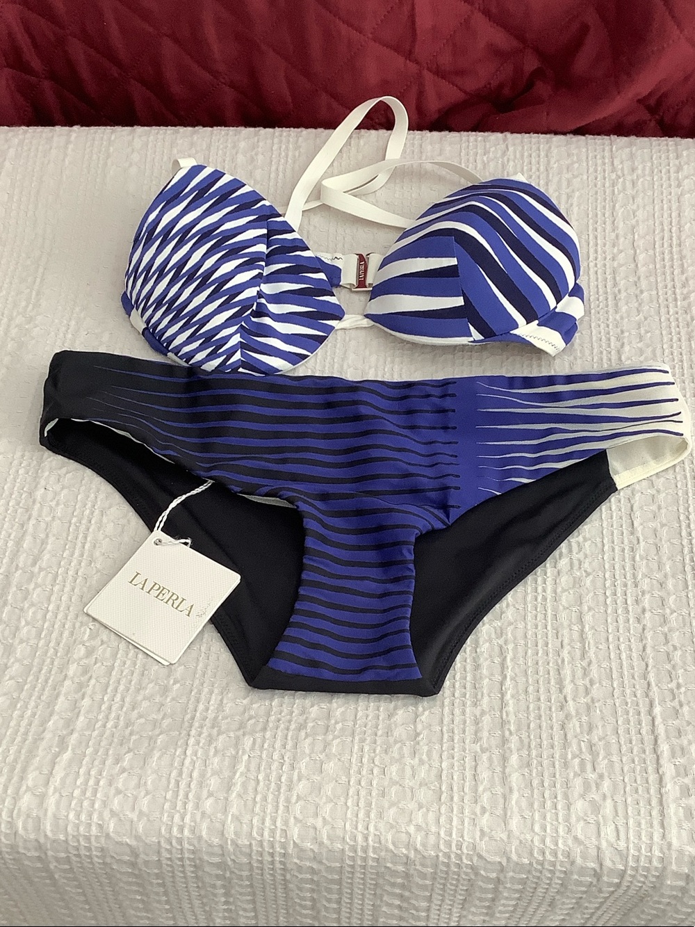 La Perla Blue, White & Black Striped Bikini Set with Removable Straps